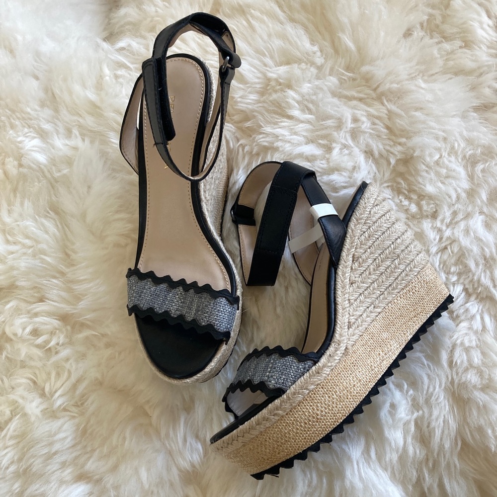 NWOB pelle moda black grey tweed wedge espadrilles sandals